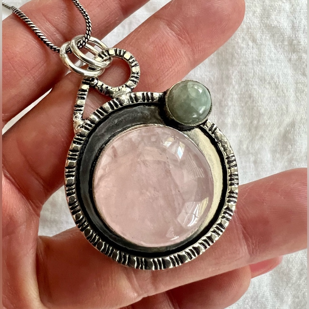 925 Beautiful Rose Quartz + Moonstone Necklace Pendant
